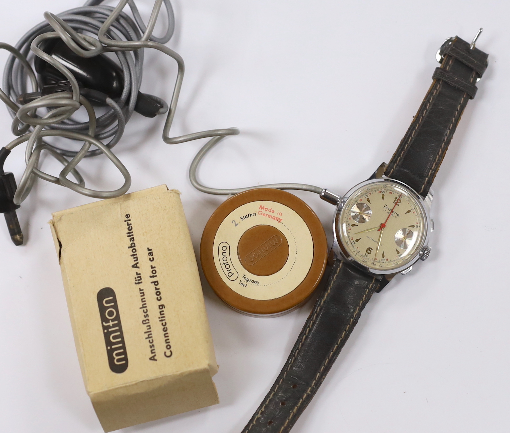 A gentleman's 1950s German steel Protona Minifon Surveillance wrist watch with cables and attachments.